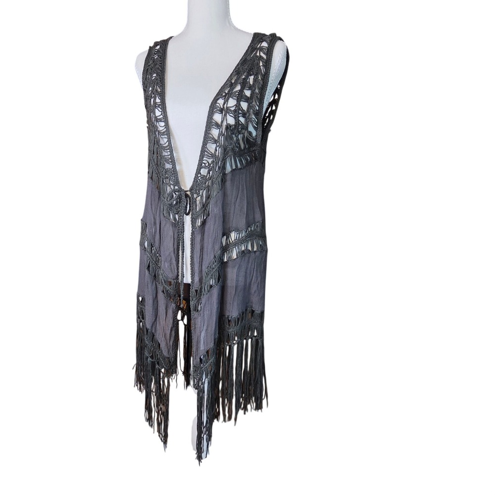 Daytrip Crochet Knit Sleeveless Vest Boho Hippie Lace Layer Fringe Soft Drape XL